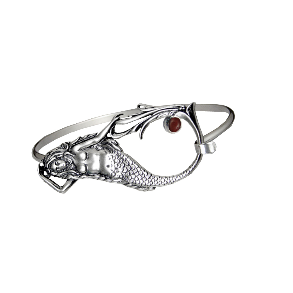 Sterling Silver Mermaid Strap Latch Spring Hook Bangle Bracelet With Red Tiger Eye